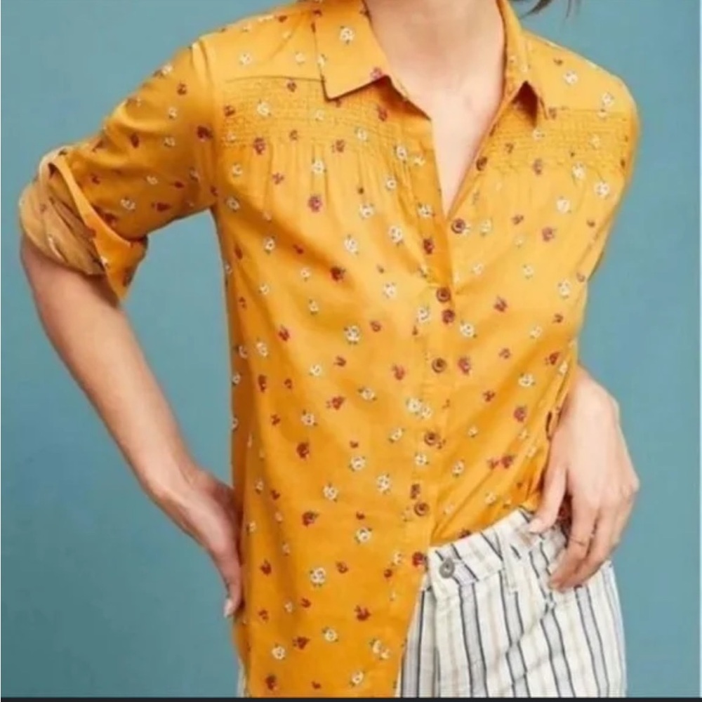 Anthropologie Mustard Floral Button-Down Shirt